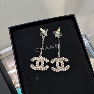 CHANEL Silver and Crystal Drop Earrings